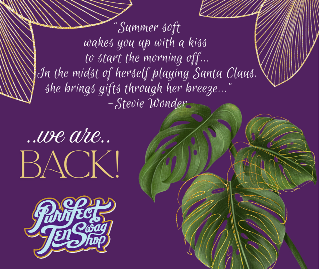 Promotional graphic with green leaves, gold text, and a purple background featuring a quote by Stevie Wonder.