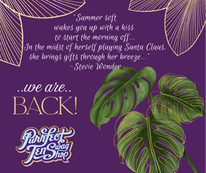 Promotional graphic with green leaves, gold text, and a purple background featuring a quote by Stevie Wonder.