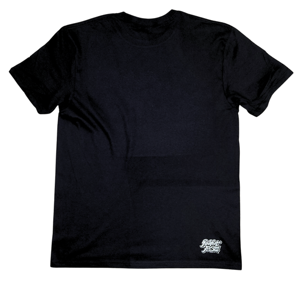 A black short-sleeve crewneck t-shirt with a small white graphic logo on the bottom right hem, displayed flat against a white background.
